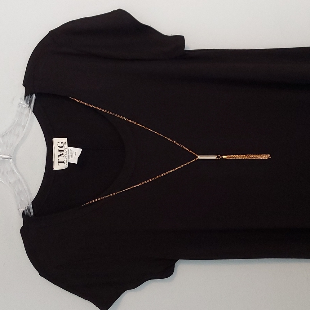 NWOT, TMG New York Sz L Womens Black  Dress Flowing Wavy Botom, w Gold Chain